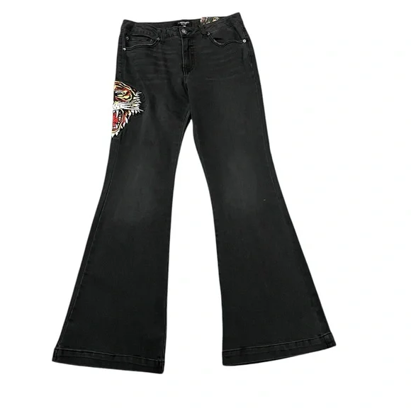 Y2K Ed Hardy Women's Biker Chic Black Denim Tiger head Slim Flare Jean Size: 30 - Picture 3 of 12